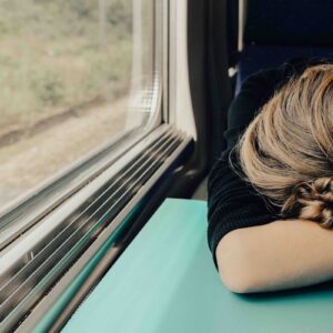 Tired traveler resting after vacation